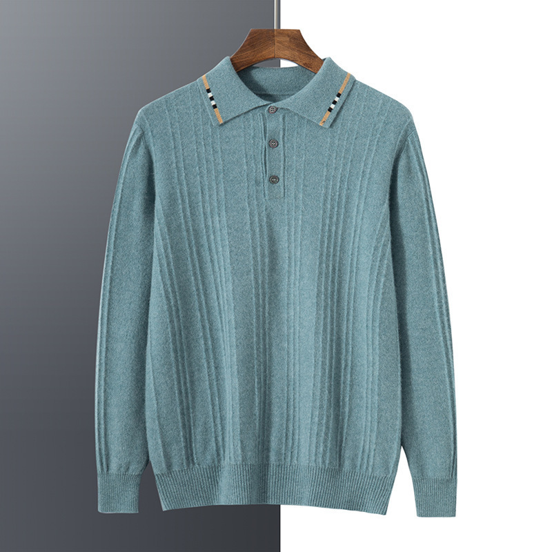 Autumn and Winter New Pure Cashmere Sweater Men's Long-sleeved Color-blocked POLO Shirt Business Bottoming Shirt Thickeneded Knitted Sweater to Heattech