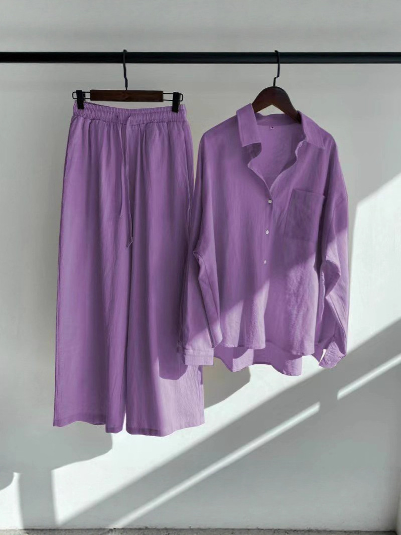 2025 Cross-Border Amazon Women's Retro Plus Size Cotton Linen Shirt Set High Waist Loose Pants Two-Piece Set for Women