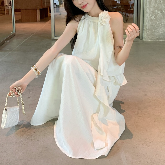 韩系温柔风套装女夏季2025新款挂脖无袖上衣垂感大摆半身裙两件套|undefined