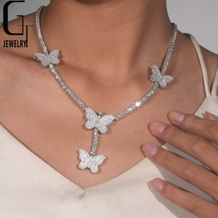 Moissanite S925 Silver 3mm Moissanite Tennis Chain Butterfly High-grade Necklace European and American Personality Hip-hop Necklace