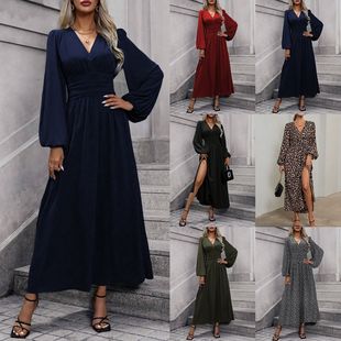 Autumn and winter new ladies lantern sleeve high split dress