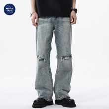 沐丘男装∣美式复古水洗膝盖破洞牛仔裤男士潮牌做旧宽松直筒长裤