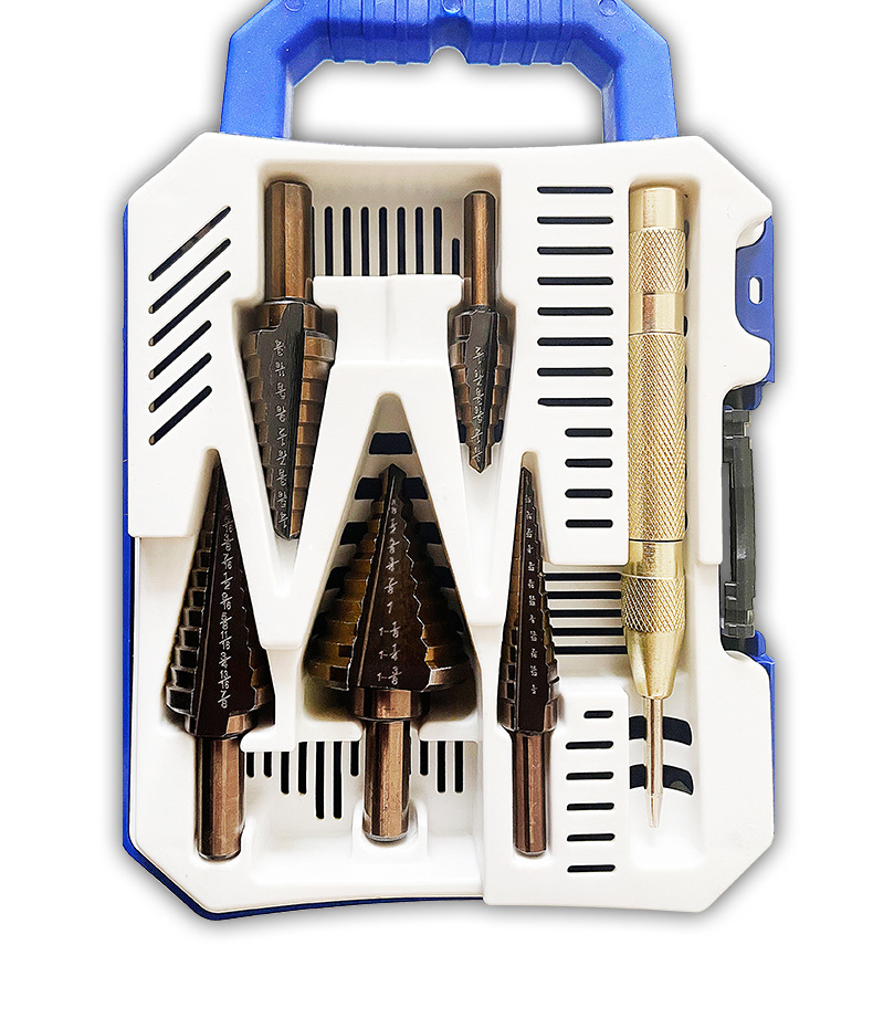 Británico 5 piezas de aluminio en caja paso taladro 6-pieza negro y amarillo pagoda taladro multifunción herramienta de perforación