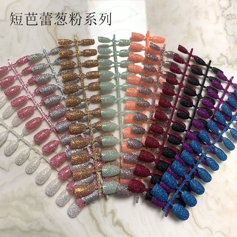Factory Direct Sales European and American short nail piece Ballet head glitter powder nail piece glitter coffin nail super hot strip fake nail