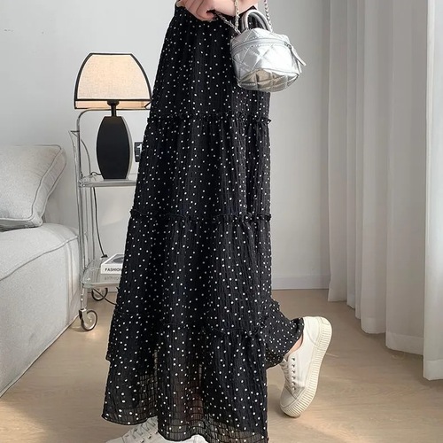 White polka dot cake half skirt for women, summer 2025, temperament high-waisted, slimming large A-line cake-style long dress