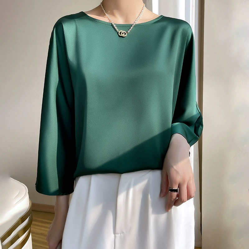 Round-neck women's pullover, satin-look emulation silk, thin commuter base shirt, 3/4 sleeves