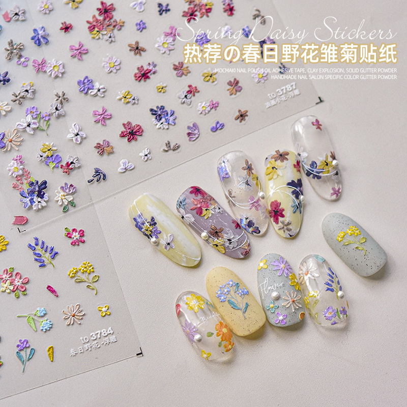 Pegatinas de uñas con diseño de flores de primavera 2025, nuevas flores silvestres en relieve estilo ins, pequeñas margaritas, pétalos rotos, decoración de uñas
