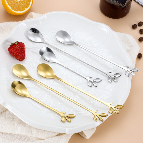 Stainless steel leaf spoon, creative fruit fork, European style gold leaf spoon, small coffee spoon, stirring spoon, dessert spoon gift
