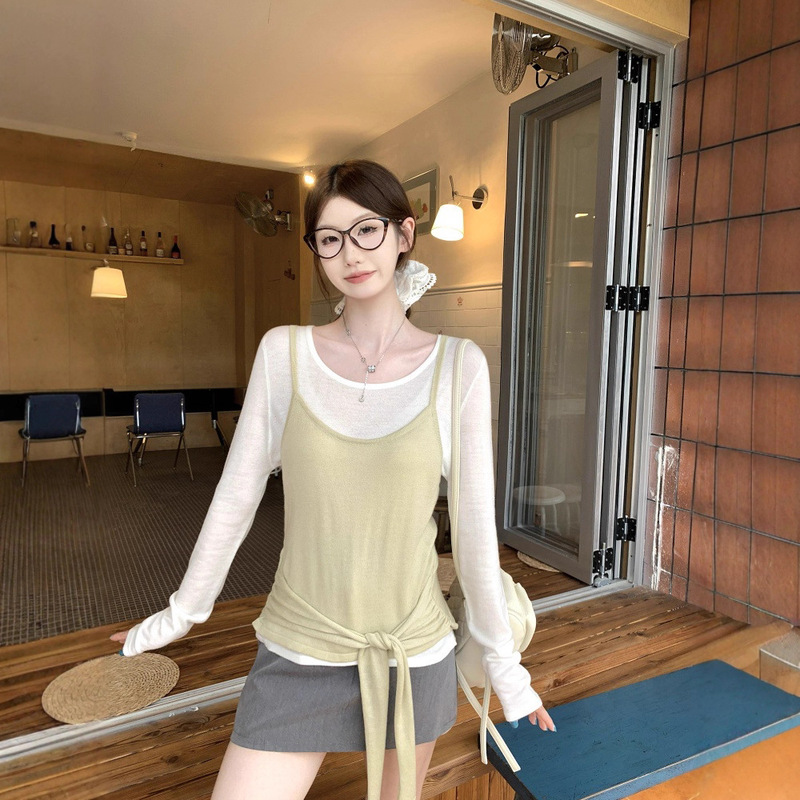 韩系慵懒松弛感上衣女早秋长袖T恤气质针织衫两件套打底衫|undefined