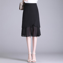 雪纺黑色包臀半身裙女2024夏季新款韩版高腰显瘦拼接中长A字中裙