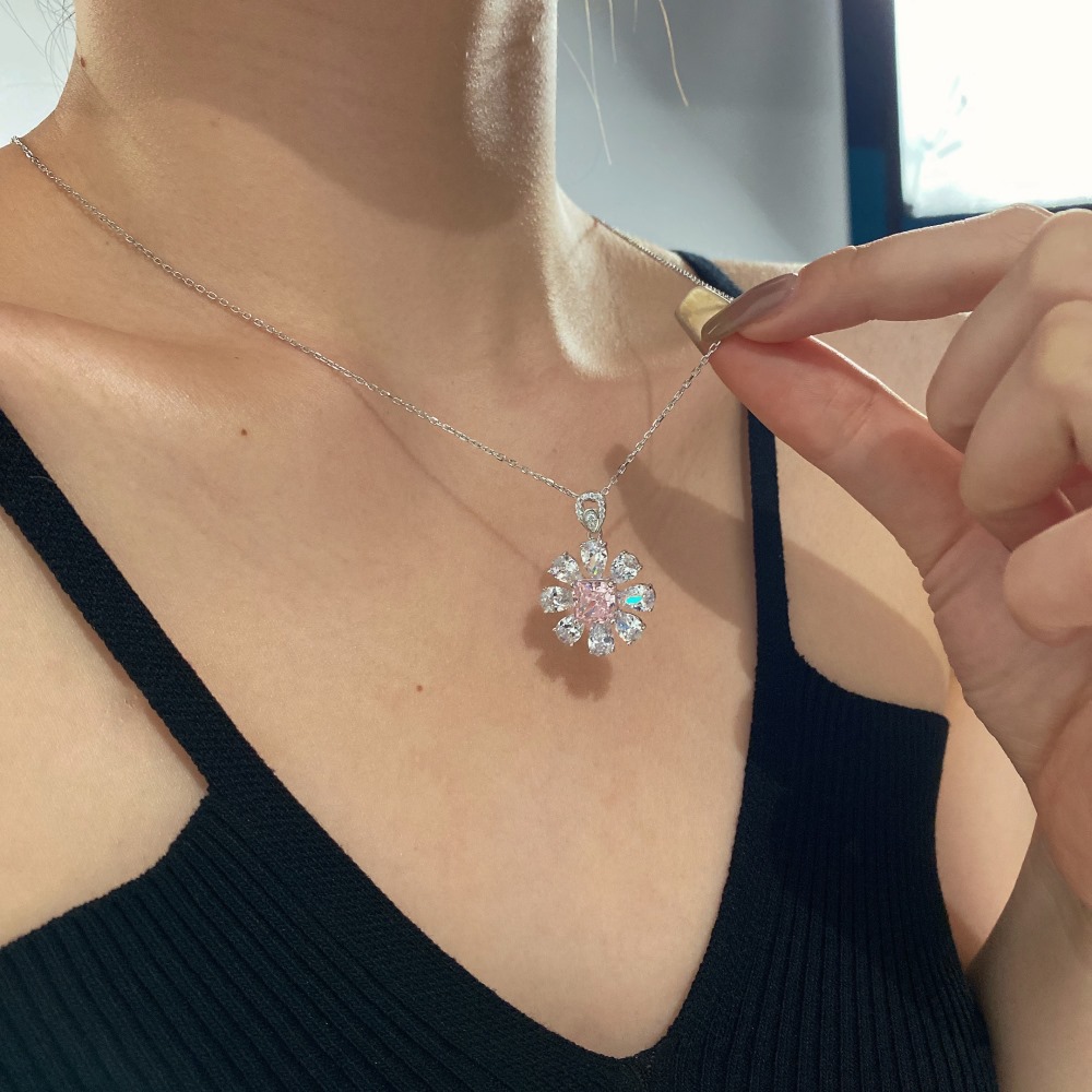 Street Occasion 925 Sterling Silver Material Water Droplets, Flower Pattern 925 Sterling Silver Zircon Cable Chain Plating Inlay Water Droplets Flower Pendant Necklace