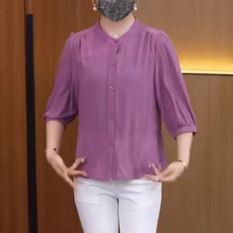 夏季新款妈妈装轻风纱衬衫女士显瘦减龄中袖上衣开衫时尚休闲衬衣|undefined