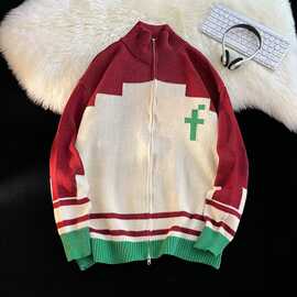 鹿毛绒oversize双拉链花朵毛衣男女潮美式复古高级趣味针织衫情侣