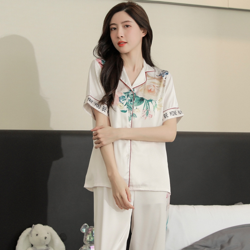 여름 중년 여성 한국식 아이스 실크 얇은 잠옷 반팔 실크 세트 달콤한 가정복