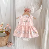 Baby 2025 Summer новый сладкий клетчатый жилет для девочек детское комбинантное платье милый кролик принцесса