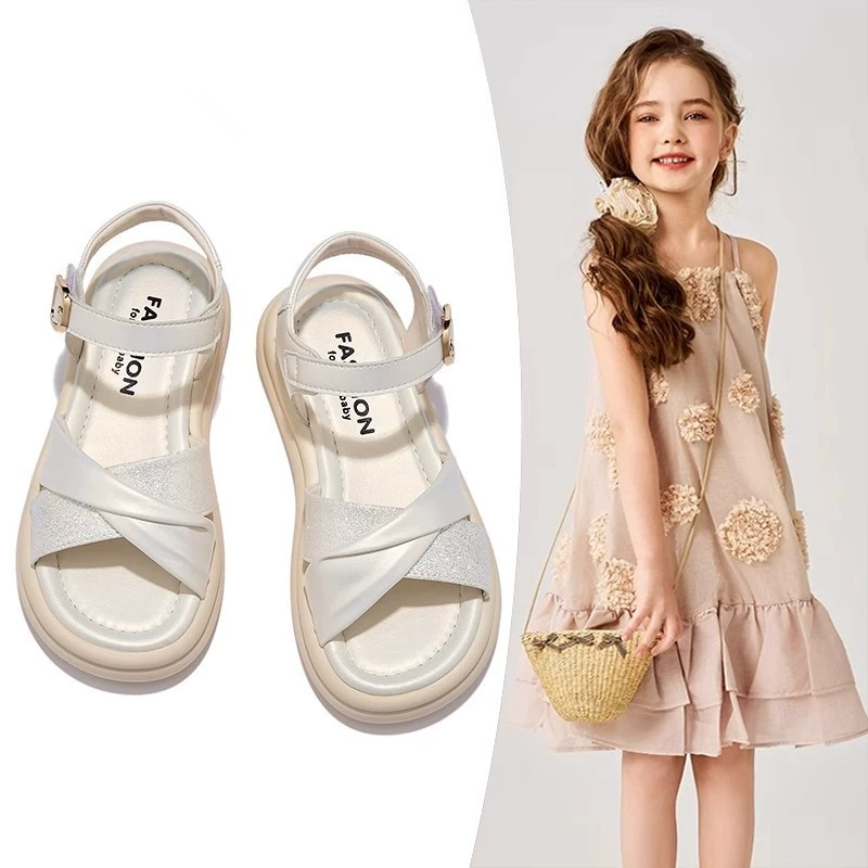Детские сандалии для девочек лето 2025, новые, средние и большие размеры, мягкая подошва, летние, принцесса, спортивные, пляжные, детская обувь