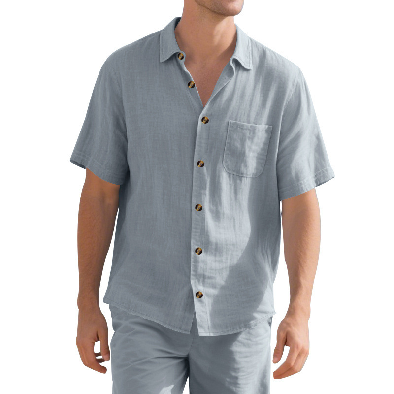 Transfronterizos Amazon hombre verano sólido con lazo de cuello corto Cardigan de manga corta camisa de vacaciones Casual comercio exterior hombre