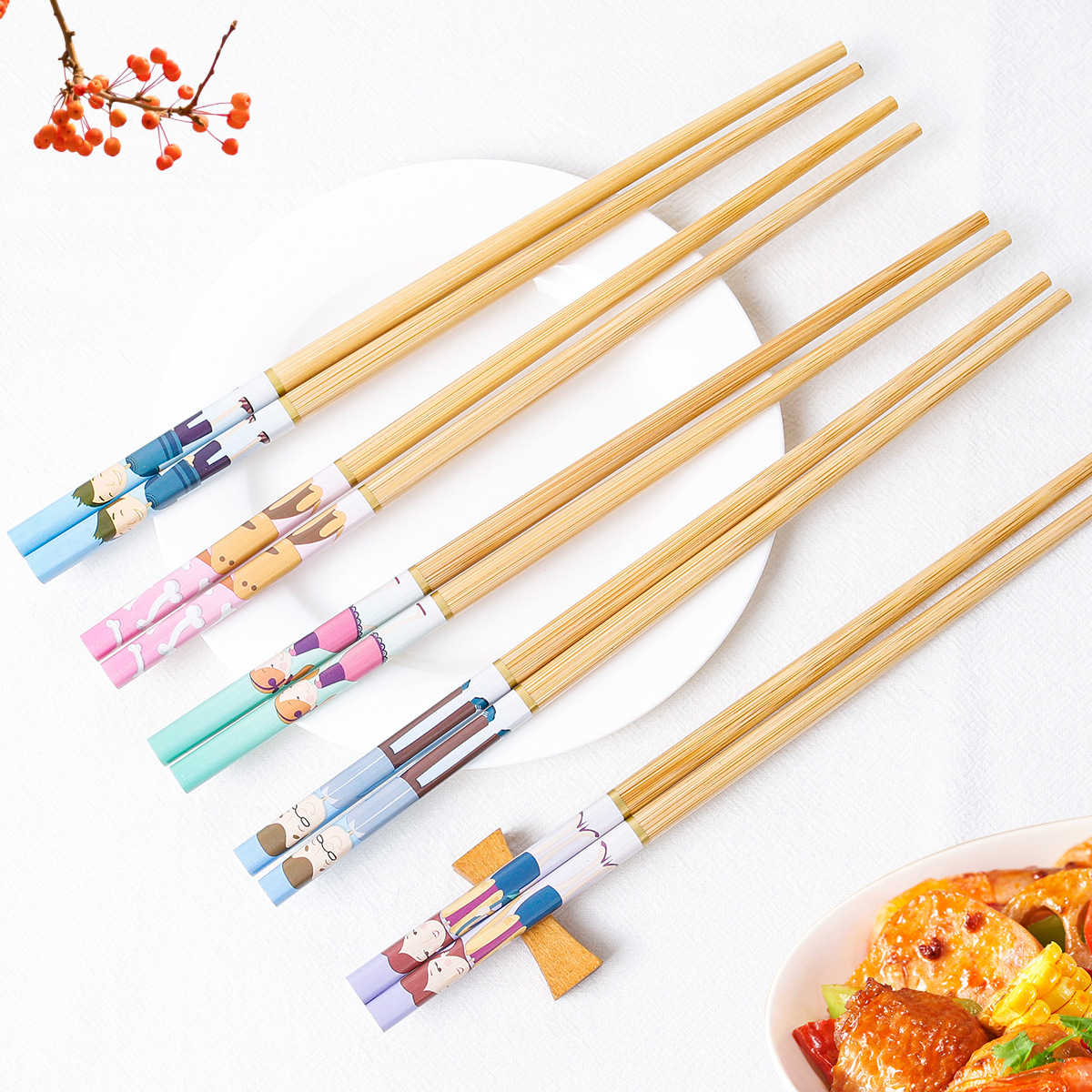 Palillos de bambú para el hogar al por mayor de dibujos animados macaron color de alto valor lindo 24cm comida dividida una persona, palillos 5 pares caja de regalo