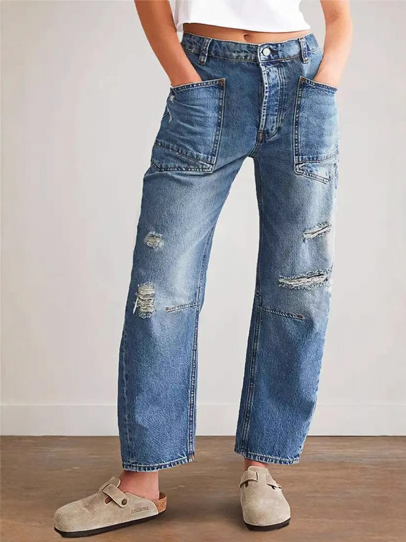 Inventario 2025 nuevo retro retro transfronterizo europeo y americano pantalones rectos casuales empalmados pantalones largos jeans sueltos mujeres