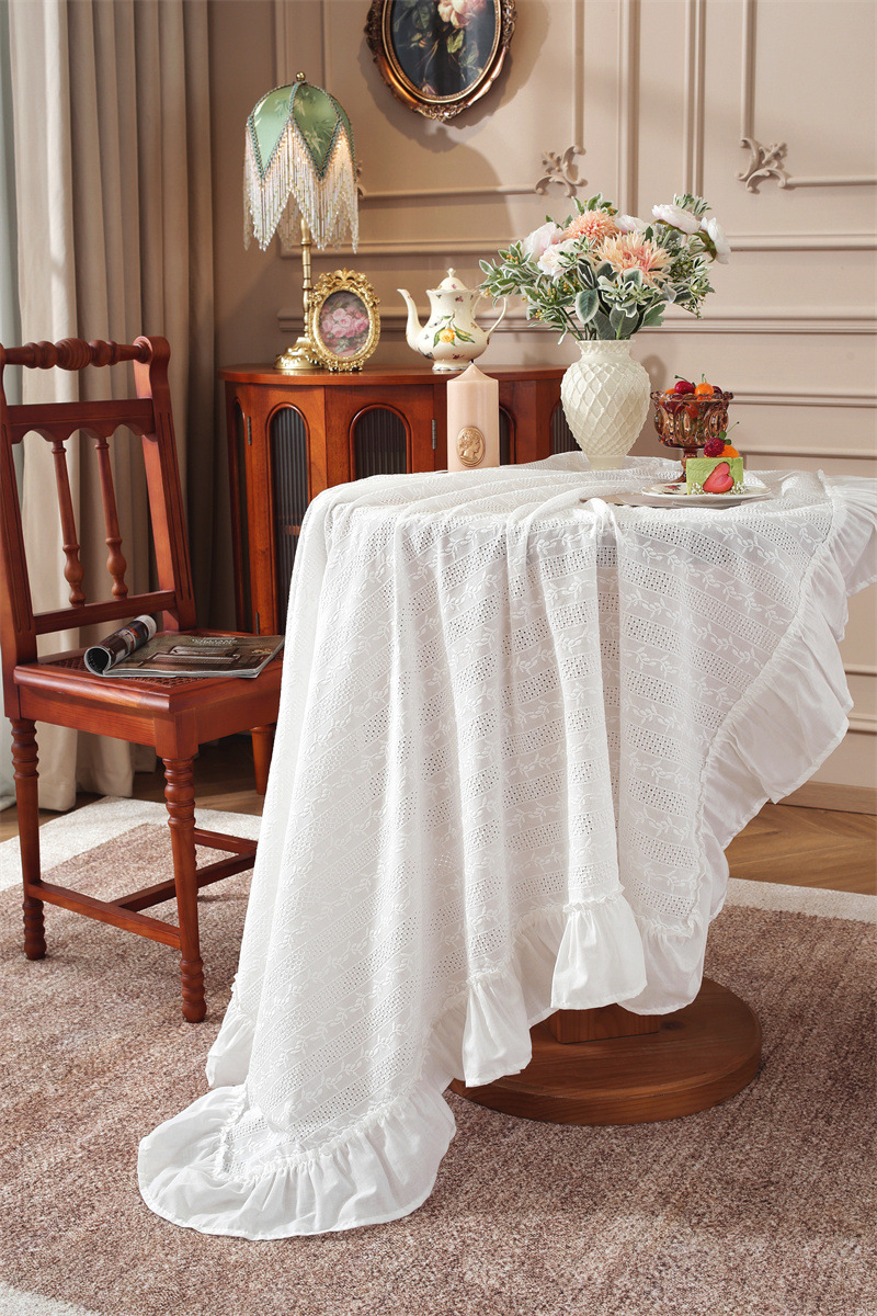 White Embroidered Floral Cotton Tea Tablecloth With Ruffle Hem_voghion.com