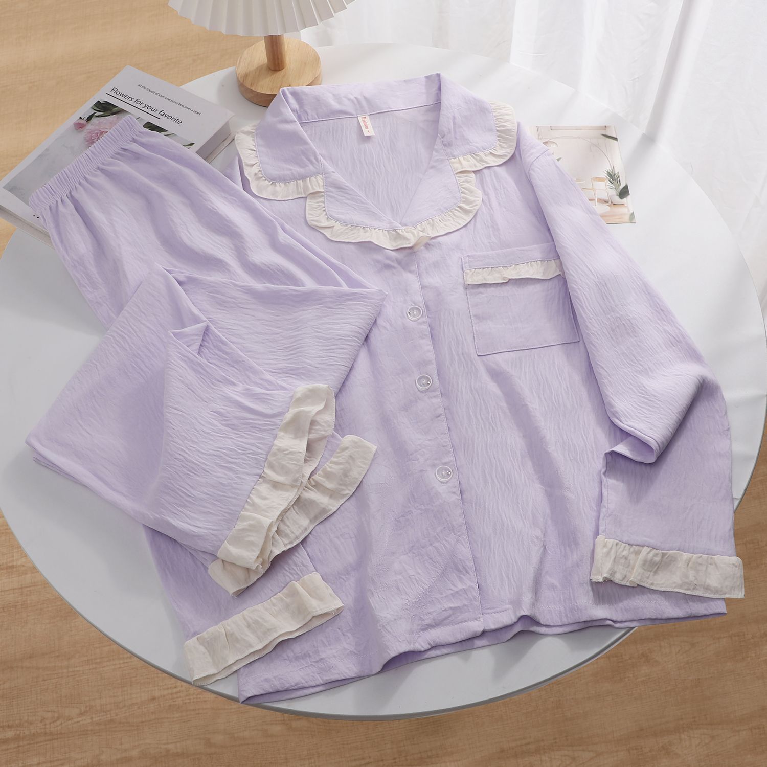 Pijamas al por mayor transfronterizos de primavera y otoño nubes de algodón azul japonés encaje pantalones largos de mangas largas ropa para el hogar