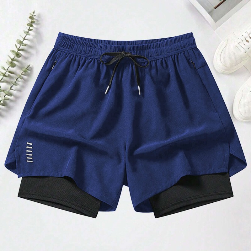 2025 Summer Amazon New Ice Silk Sports Shorts for Men Running Track and Field Summer Quick-Drying Lined Fake Two-Piece Sports Shorts