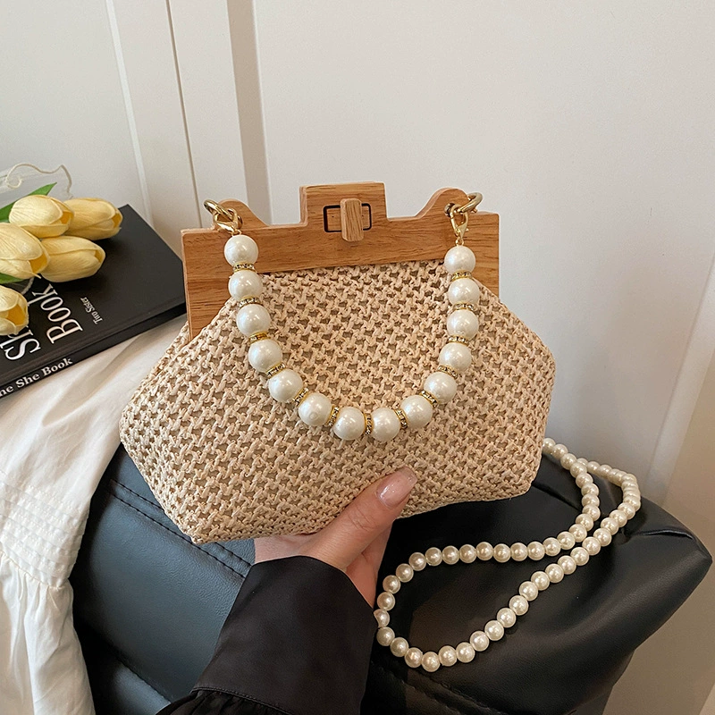 Летний пляжный пляжный отдых жемчужная цепь деревянная зажим ручная тканая сумка свежая на одно плечо женская сумка