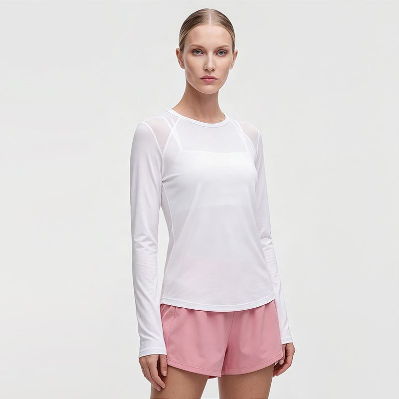 Camisa de yoga transpirable de secado rápido para mujer de manga larga deportiva de malla lulu, cuello redondo, camiseta casual, blusa de fitness para correr