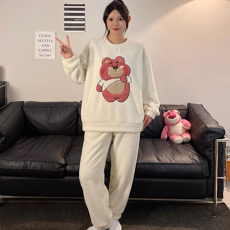 半边绒睡衣女秋冬季新款加绒加厚韩版可爱休闲宽松保暖家居服套装|undefined