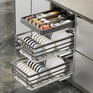 ♔ Stainless Steel Small Size Drawer-Type Double-Layer Kitchen Cabinet Bowl Basket Narrow Cabinet 400/500 Cabinet Condiment Pull