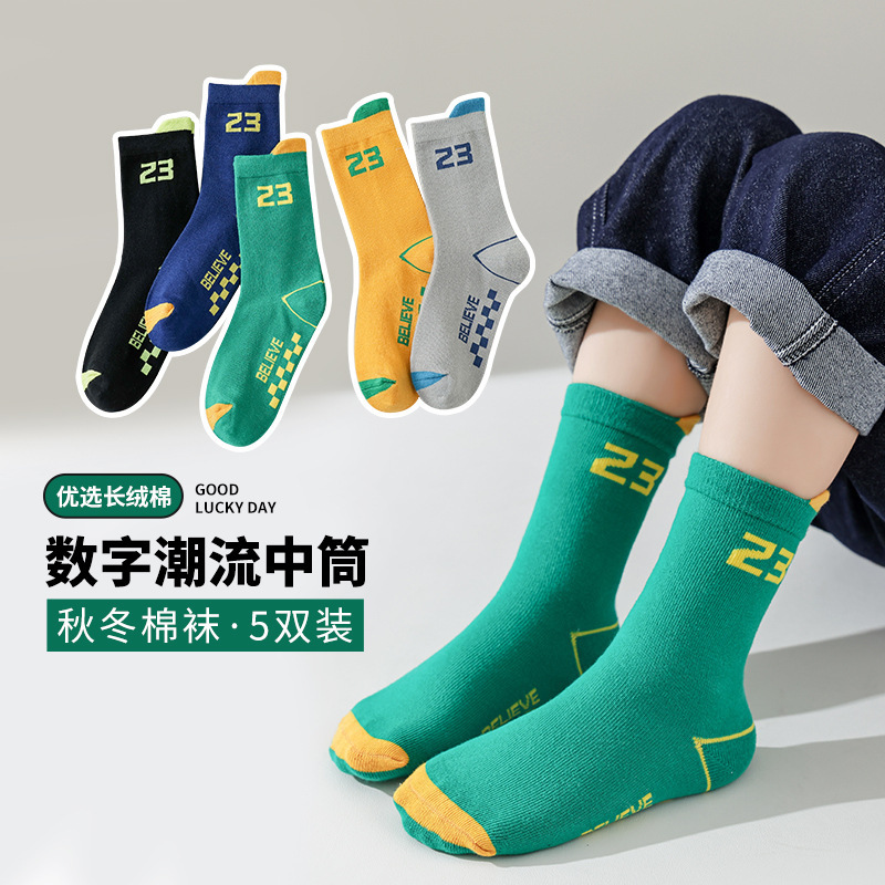 2025 Children's Socks Boys' Cotton Socks Autumn and Winter Sports Sweat-Absorbent Standing Ear Student Socks Spring and Autumn Mid-Tube Trendy Socks Wholesale