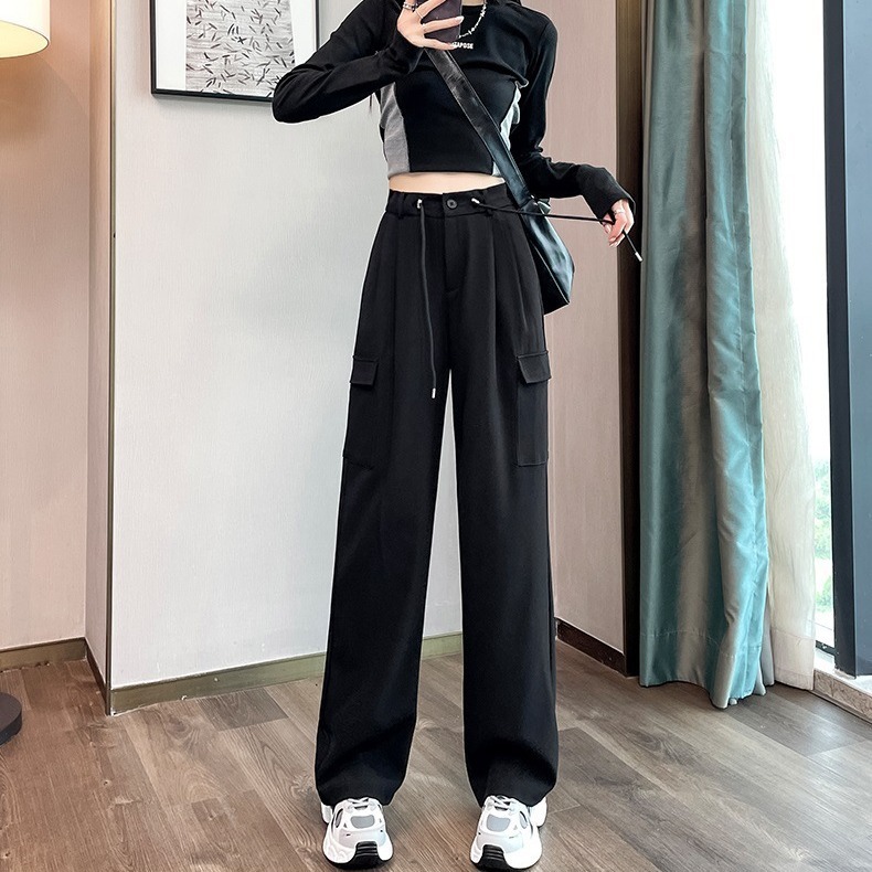 アメリカの服装のズボンの女性の春秋2024の新型の高腰のまっすぐな筒の広い足の束のズボンの個性のレジャーの運動のズボンの潮|undefined