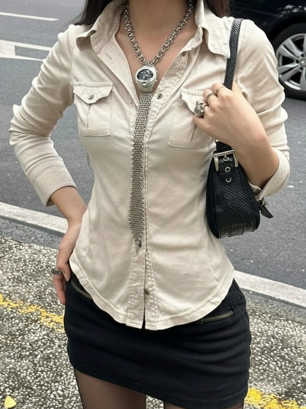 欧美翻领简约休闲工装紧身针织衬衫跨境新款修身显瘦设计长袖上衣|undefined
