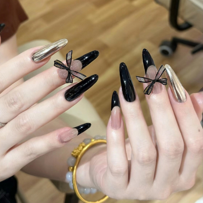 Z-317 Black and Silver Bowknot Fake Nails Long Pointed Mirror Black French Style Simple 24-Piece Wearable Nail Tips Wholesale Z-317 Black and Silver Bowknot Fake Nails Long Pointed Mirror Black French Style Simple 24-Piece Wearable Nail Tips Wholesale
