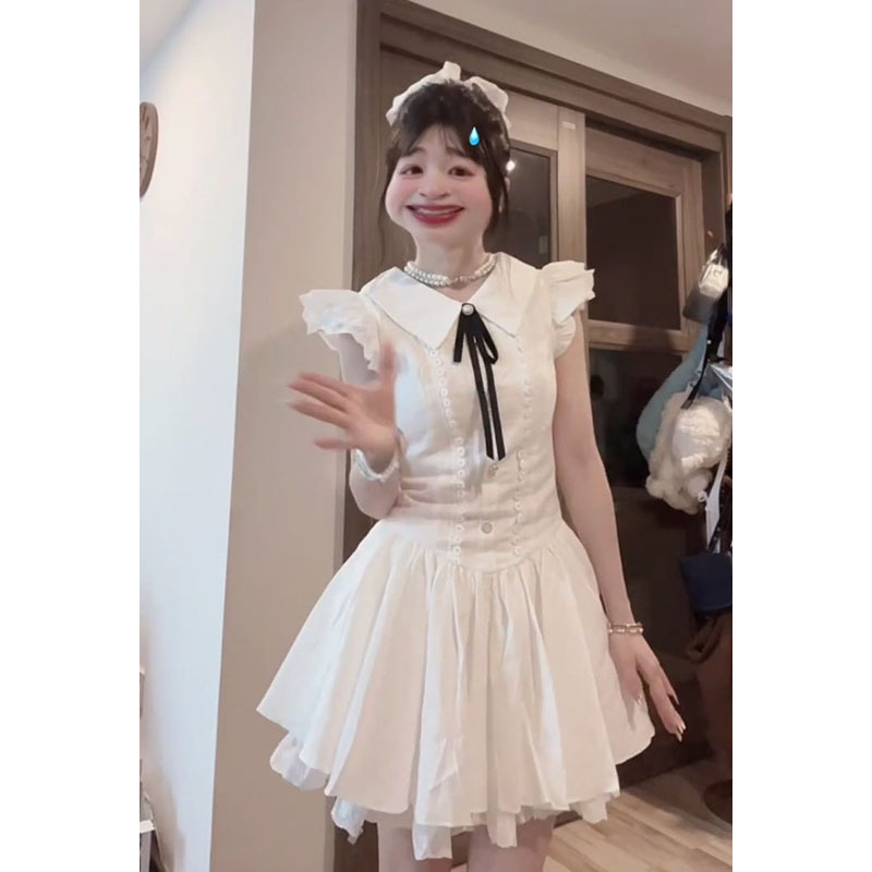 フレンチジェントルスタイルの小さなフライングスリーブホワイトドレス女性の夏の新しい甘いレースのリボンスカート|undefined