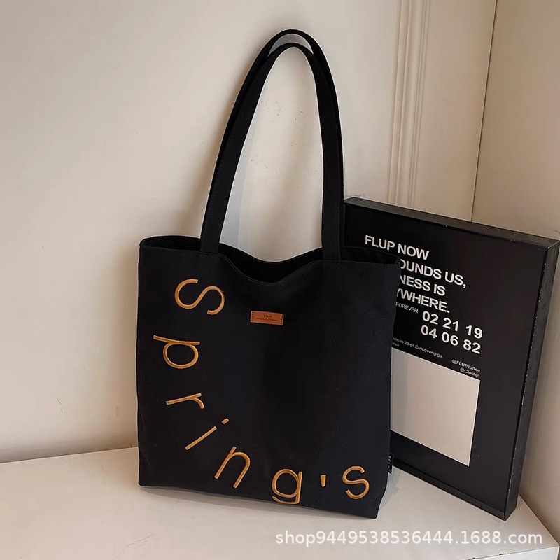 刺繍入り斜め掛けレターキャンバスバッグ レディース カジュアル 大容量 ショルダー トートバッグ 多用途 学生 通学 ハンドバッグ|undefined