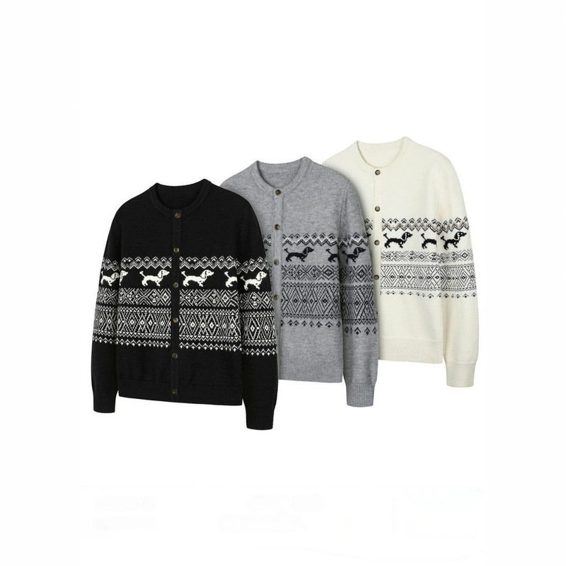 Cleanfit Dachshund Fair Isle Henley Collar Sweater, Unisex, Winter, Loose Fit, Casual, High-End Knitwear