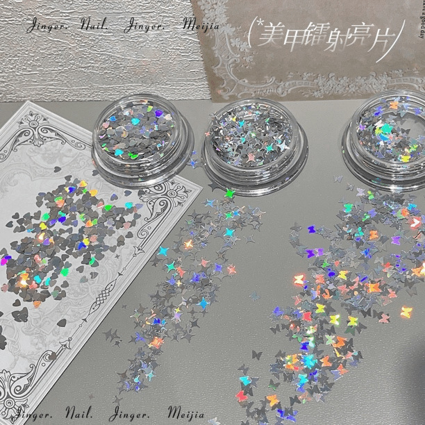 Nail art laser silver butterfly sequins ultra-thin iridescent heart super shiny star gua sha cat eye nail decoration wholesale Nail art laser silver butterfly sequins ultra-thin iridescent heart super shiny star gua sha cat eye nail decoration wholesale