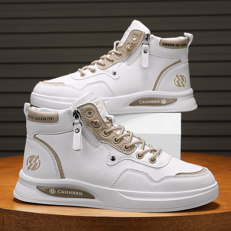 Кожаная сшитая мужская обувь высокого уровня повседневная работа маленькая белая обувь Осень без шнуровки боковая молния плоская подошва мужская обувь