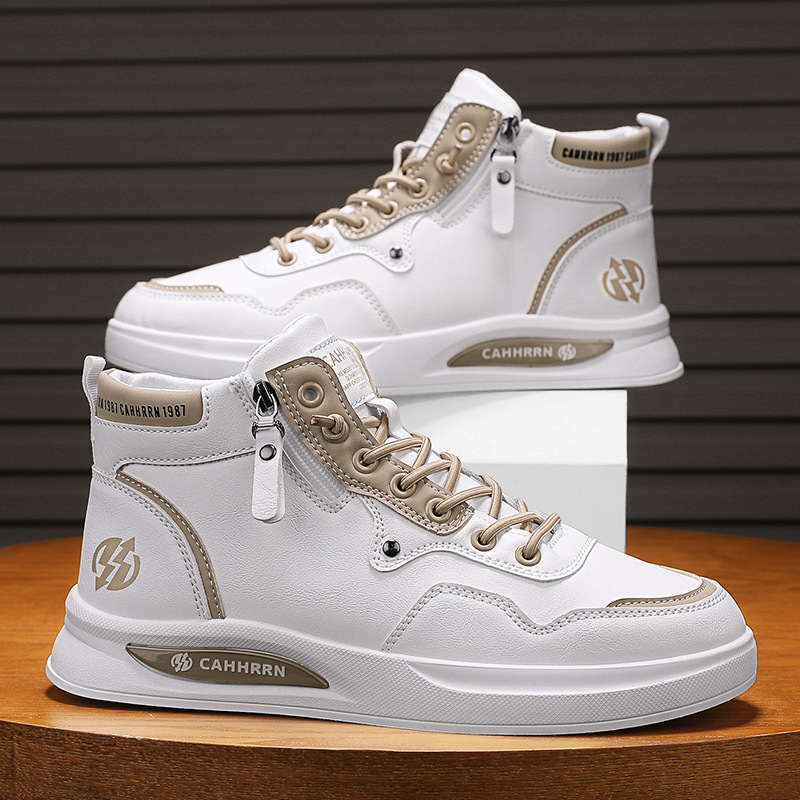 Leather Stitching Men's High-top Casual Work White Shoes Autumn Lace-up-free Side Zipper Flat Shoes Men's Shoes