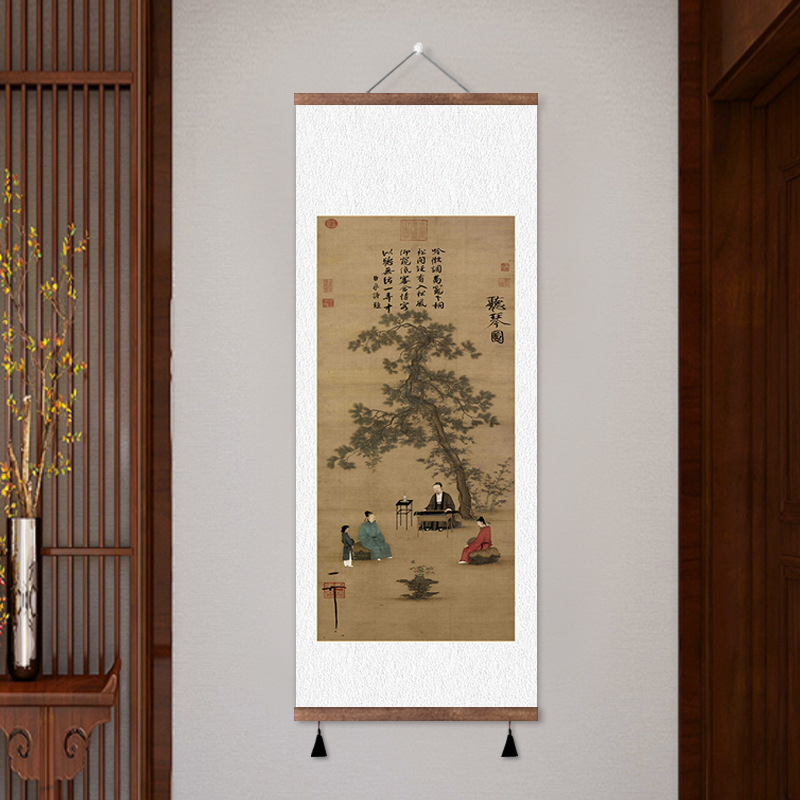 Chinese landscape painting tea room living room porch scroll painting listening to the piano picture hanging painting porch corridor study decorative painting pine crane
