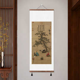 中式山水画茶室客厅玄关卷轴画听琴图挂画玄关走廊书房装饰画松鹤