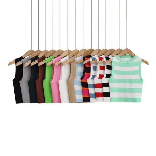 Fashionable Hot Girl Stretch Tight Round Neck Pullover Top Women's High Waist Bare Navel Striped Knitted Short Vest Wholesale