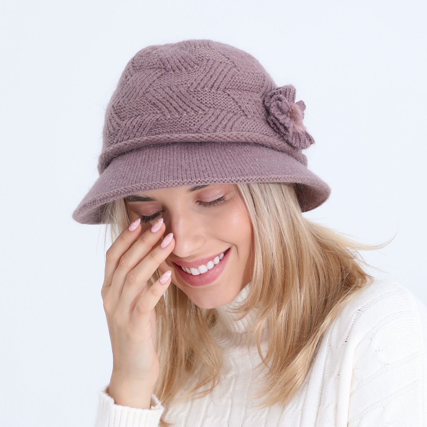Gestrickte Damen Mütze Mit Kaninchenhaar Warm Für Den Winter_voghion.com
