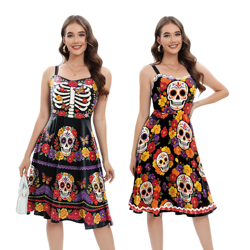 Cross-border Mexican Day of the Dead suspender dress for women with sugar skull, skeleton, floral, and butterfly digital prints, mid-length dress