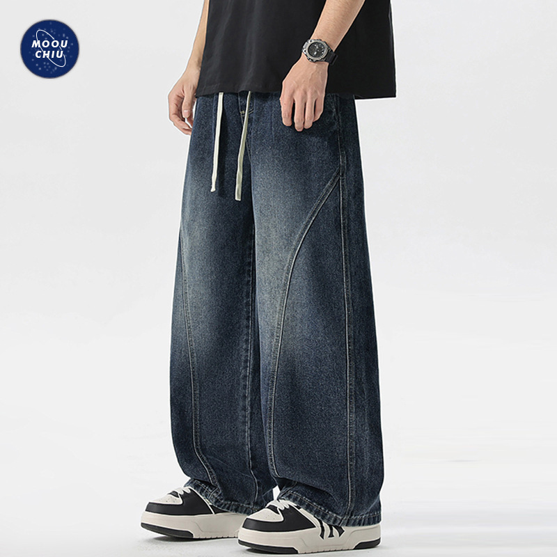 Muqiu Men's Wear | American-Style Trendy Brand Deconstructed Patchwork Jeans for Men, Loose Fit with Drape Effect, Elastic Waist, Casual Wide-Leg Pants