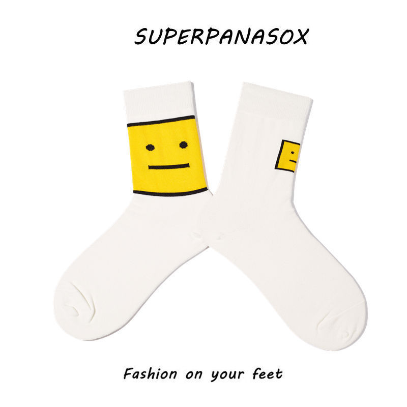 ins Korean cartoon AB socks square face smiley face trendy mid-barrel socks personality skateboard hip-hop men and women couples stockings