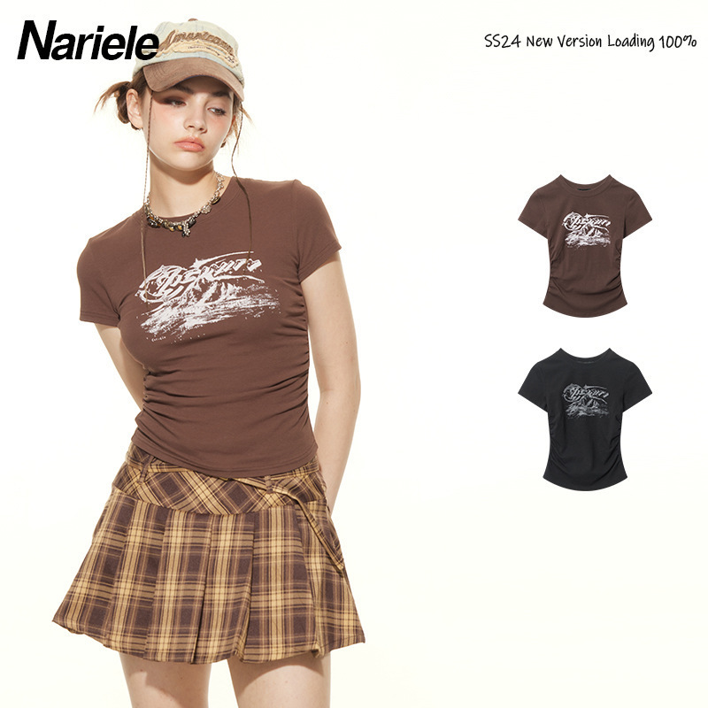 HEYHENRY European and American Ins Summer Ruffle Design Niche Street Style Slim-fit Slimming Printed Round Neck Spice Girl T-shirt HEYHENRY European and American Ins Summer Ruffle Design Niche Street Style Slim-fit Slimming Printed Round Neck Spice Girl T-shirt