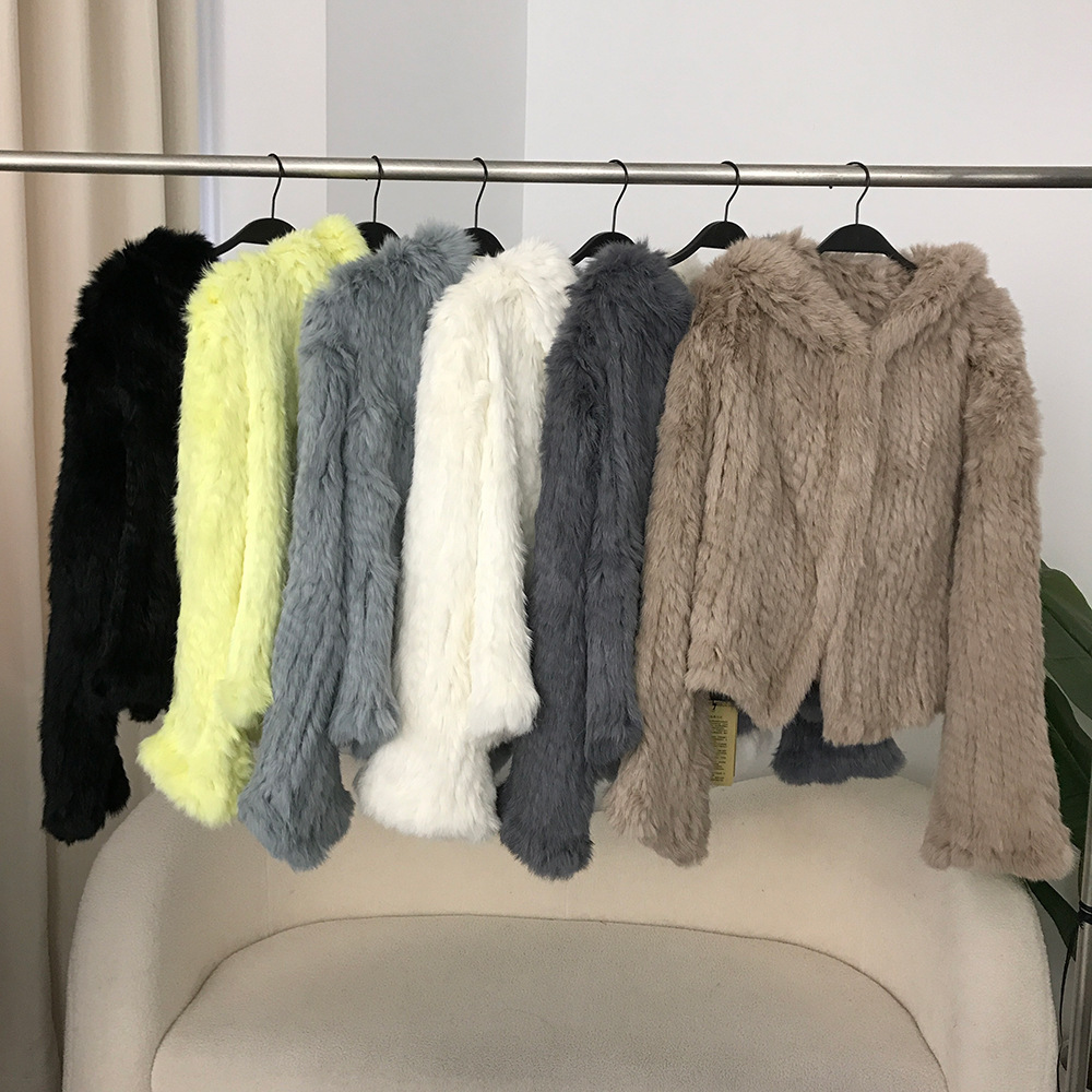 Abbigliamento da donna Nuovo autunno e inverno Criptato ispessito fatto a mano a doppia faccia tessuto con cappuccio corto in pelliccia di coniglio per le donne stile giovane_voghion.com