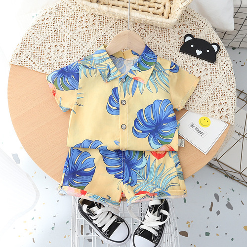 Boys Fashion Summer Suit  Boys Summer New Outing Beach Wear Shirt Printed Short Sleeve Two-piece Set